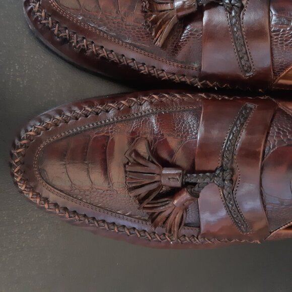 Johnston & Murphy SZ 9.5 Alligator Imprinted Men's Brown Leather Tassel Loafers - Picture 13 of 16